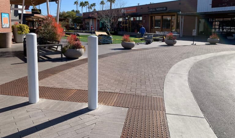 Detectable warning plates used at an outdoor plaza