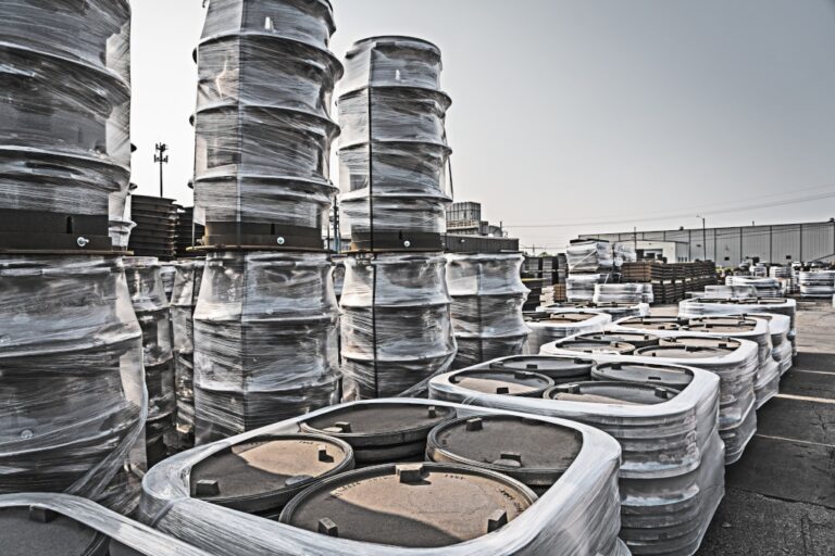 Cast iron manhole frames and covers at distribution facility