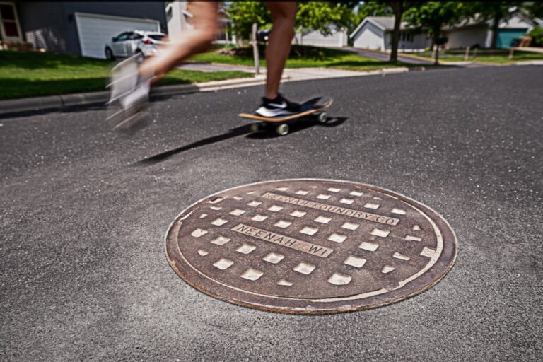 Skateboarded skating past cast iron manhole cover