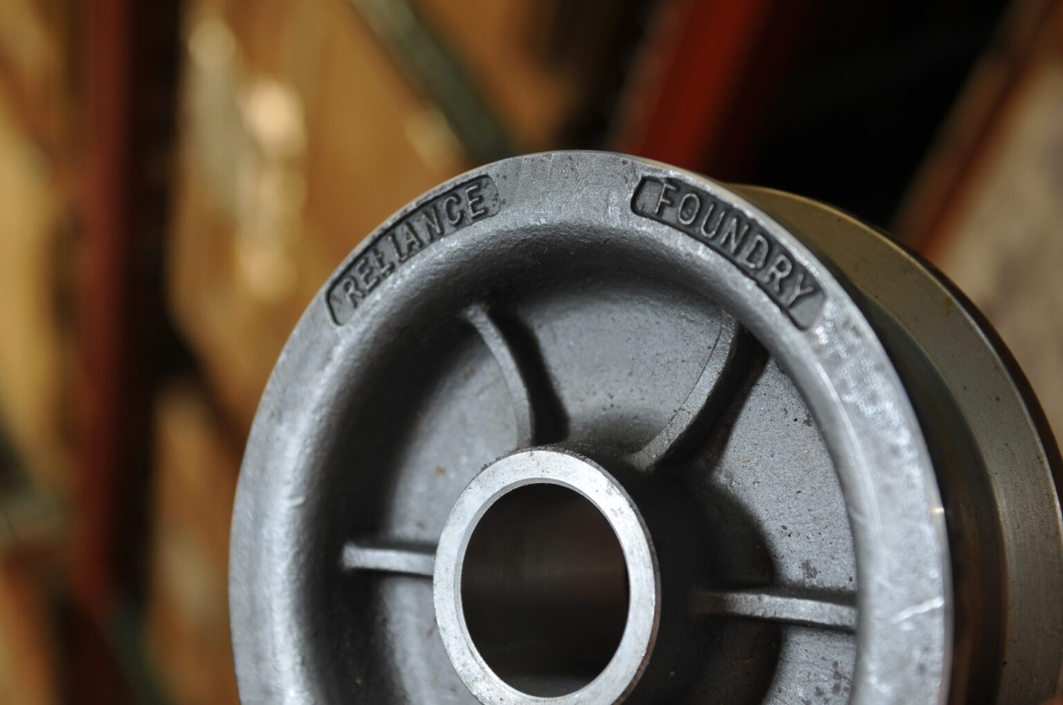 Reliance Foundry cast iron pulley closeup